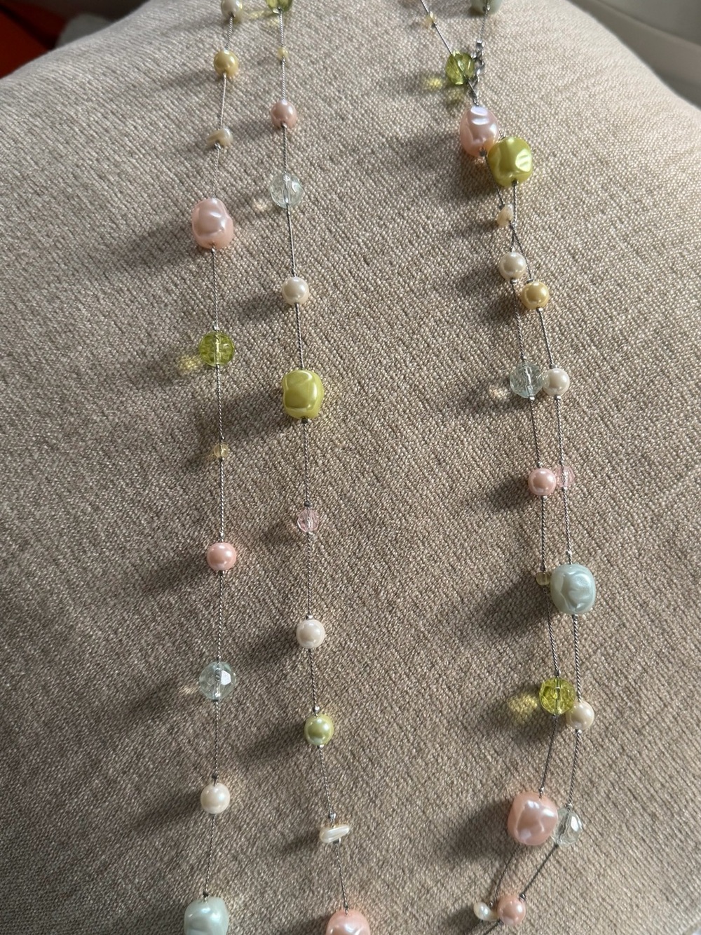 Delicate Multi-Color Beaded Long Necklace - Pastel Pink, Green & Ivory